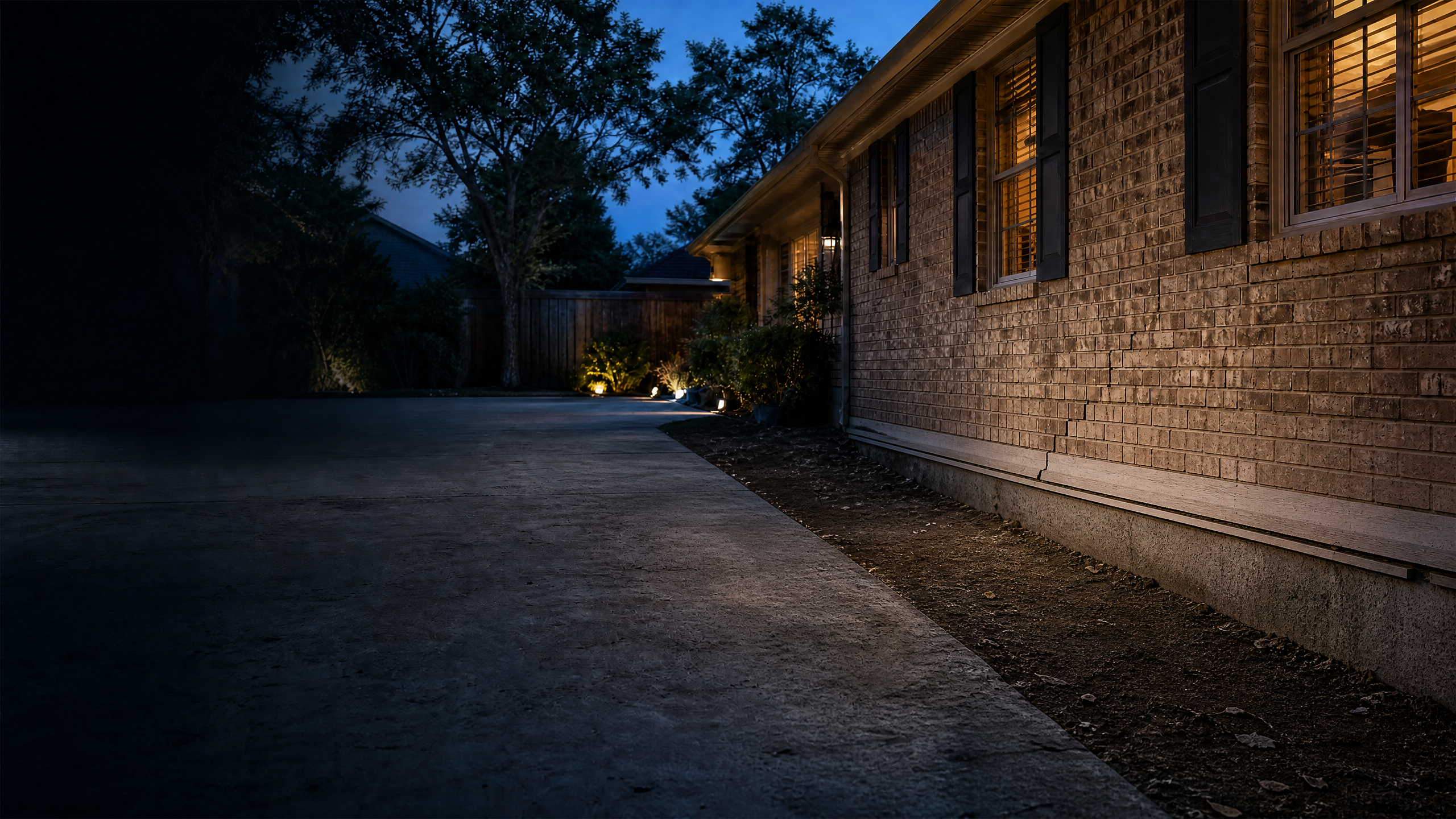 Texas brick home before repair with subtle stair-step cracking and an uneven foundation line